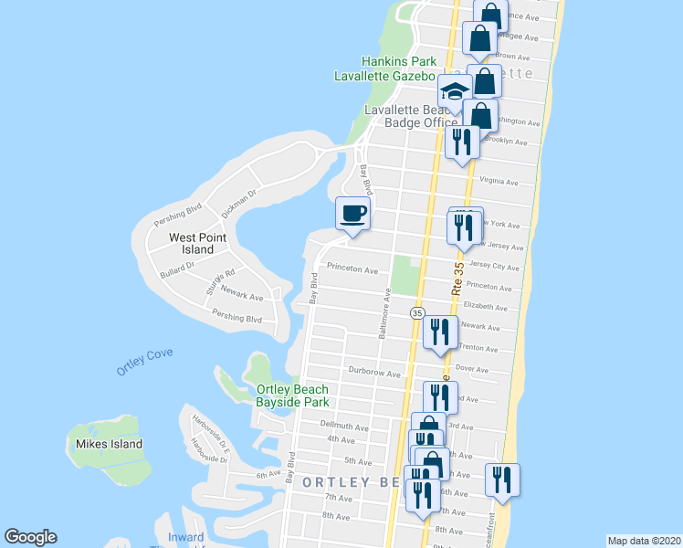 map of restaurants, bars, coffee shops, grocery stores, and more near 140 Princeton Avenue in Lavallette