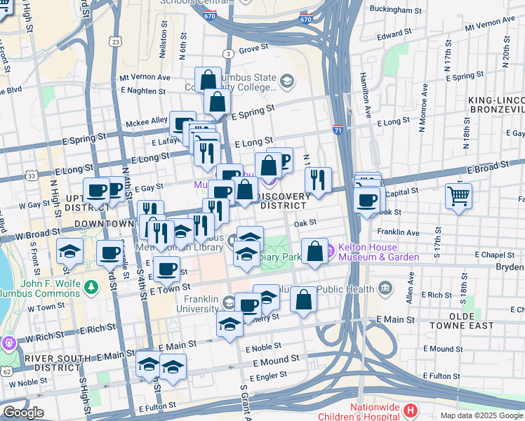 map of restaurants, bars, coffee shops, grocery stores, and more near 431 East Broad Street in Columbus