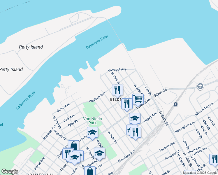 map of restaurants, bars, coffee shops, grocery stores, and more near 1204 North 32nd Street in Camden