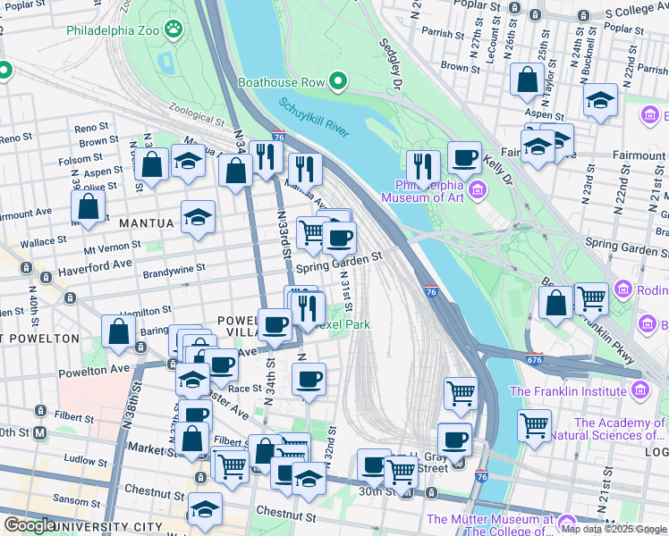map of restaurants, bars, coffee shops, grocery stores, and more near 3116 Spring Garden Street in Philadelphia