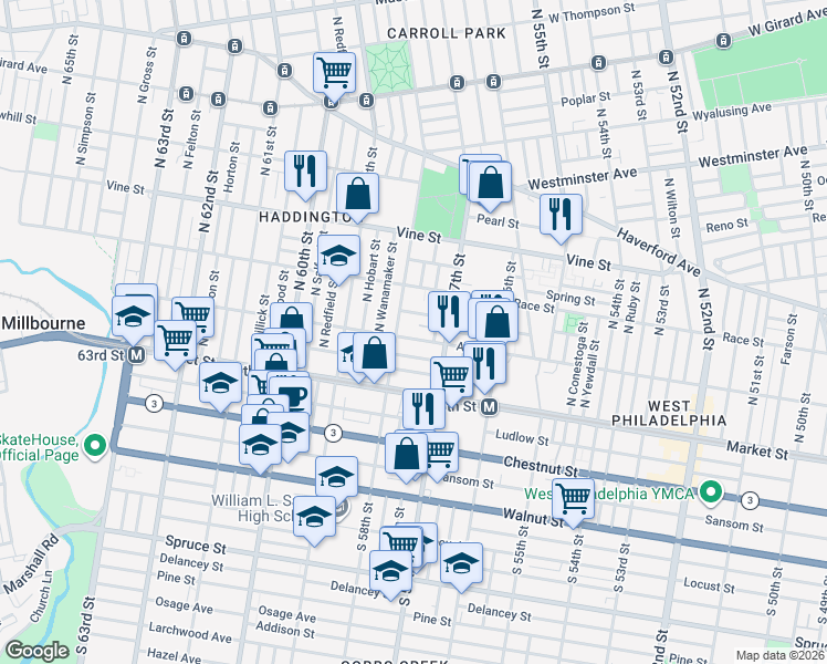 map of restaurants, bars, coffee shops, grocery stores, and more near 5725 Arch Street in Philadelphia