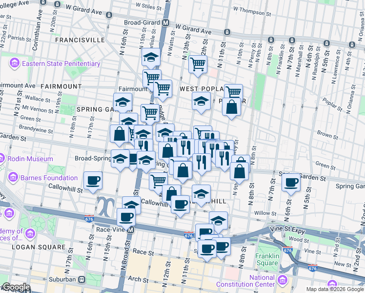map of restaurants, bars, coffee shops, grocery stores, and more near in Philadelphia