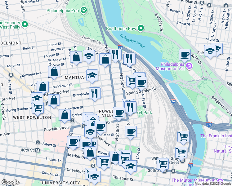 map of restaurants, bars, coffee shops, grocery stores, and more near 3335 Spring Garden Street in Philadelphia