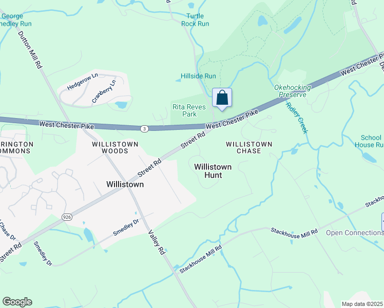 map of restaurants, bars, coffee shops, grocery stores, and more near 10 Longview Lane in Newtown Square