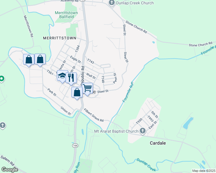 map of restaurants, bars, coffee shops, grocery stores, and more near 53 Steel Street in Brownsville