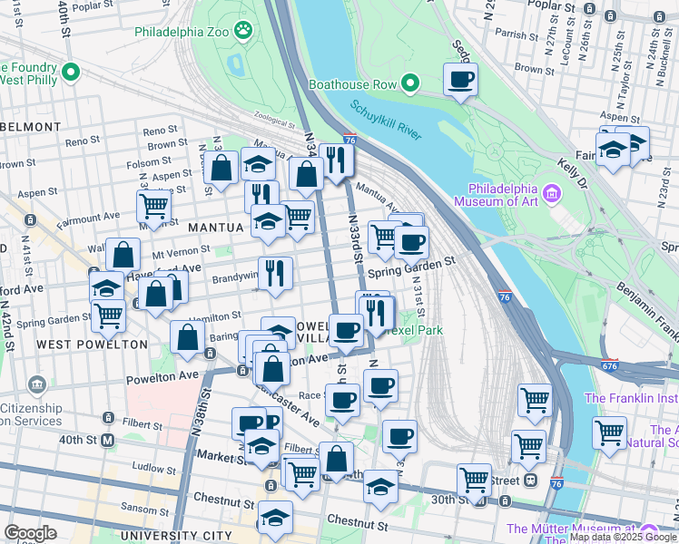 map of restaurants, bars, coffee shops, grocery stores, and more near 3333 Spring Garden Street in Philadelphia