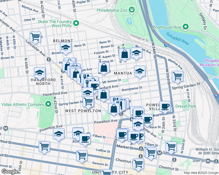 map of restaurants, bars, coffee shops, grocery stores, and more near 3842 Haverford Avenue in Philadelphia