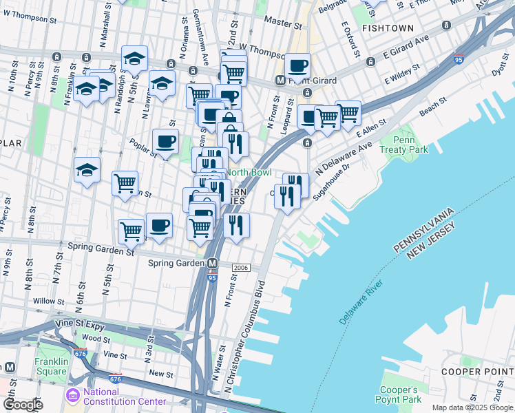 map of restaurants, bars, coffee shops, grocery stores, and more near 5 Poplar Street in Philadelphia