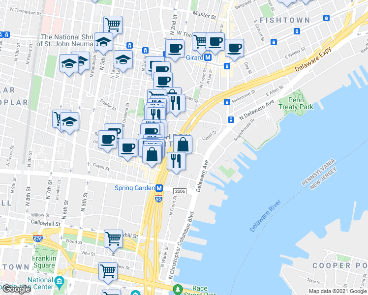 map of restaurants, bars, coffee shops, grocery stores, and more near 906 North Front Street in Philadelphia