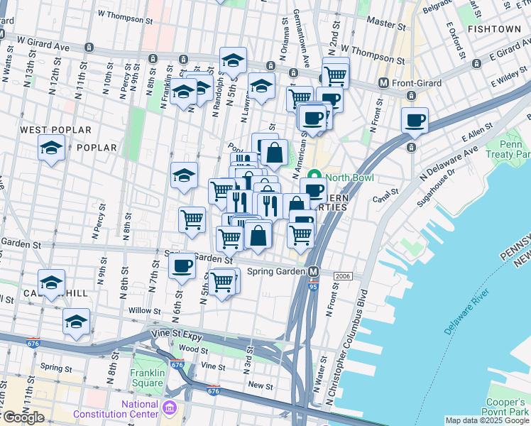 map of restaurants, bars, coffee shops, grocery stores, and more near 335 Fairmount Avenue in Philadelphia