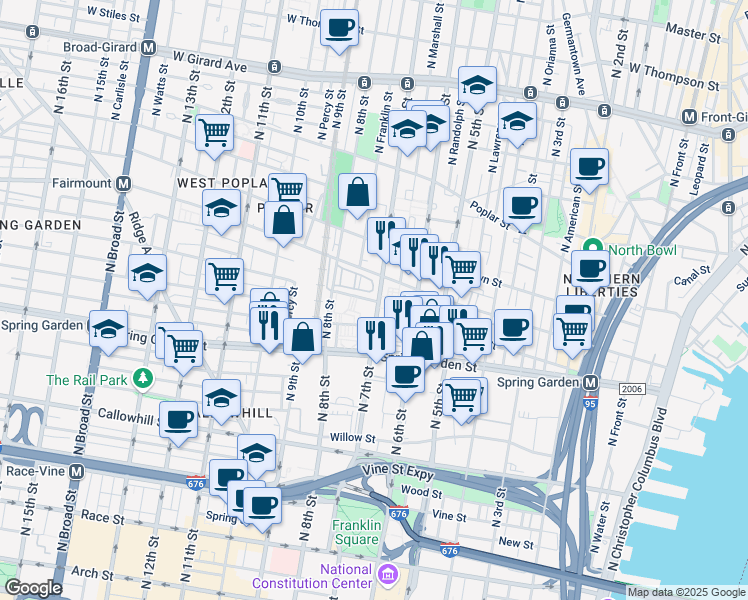 map of restaurants, bars, coffee shops, grocery stores, and more near 700 Wallace Street in Philadelphia