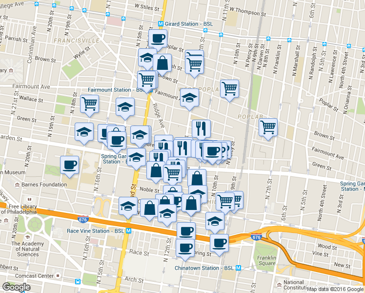 map of restaurants, bars, coffee shops, grocery stores, and more near in Philadelphia