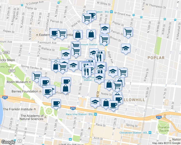 map of restaurants, bars, coffee shops, grocery stores, and more near 1515 Spring Garden Street in Philadelphia