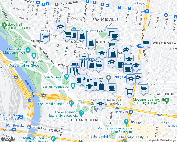 map of restaurants, bars, coffee shops, grocery stores, and more near 1900 Spring Garden Street in Philadelphia