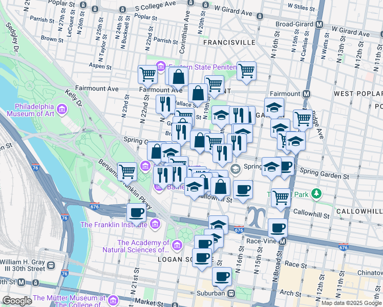 map of restaurants, bars, coffee shops, grocery stores, and more near 1900 Spring Garden Street in Philadelphia