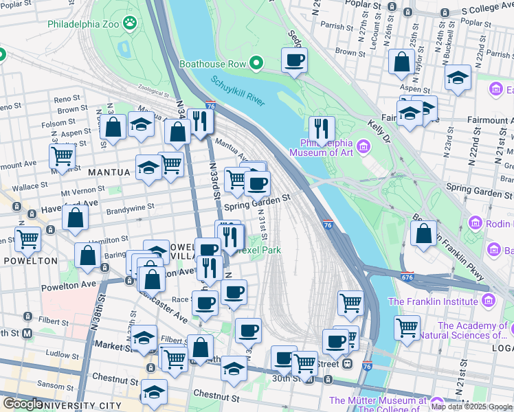 map of restaurants, bars, coffee shops, grocery stores, and more near 436 North 31st Street in Philadelphia
