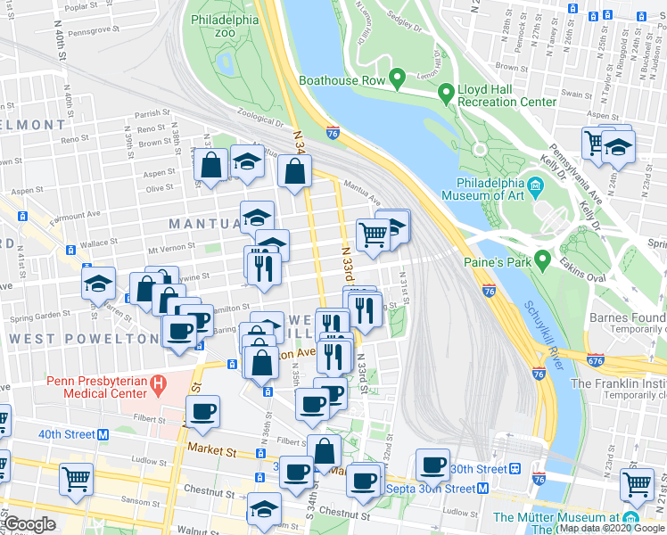 map of restaurants, bars, coffee shops, grocery stores, and more near in Philadelphia