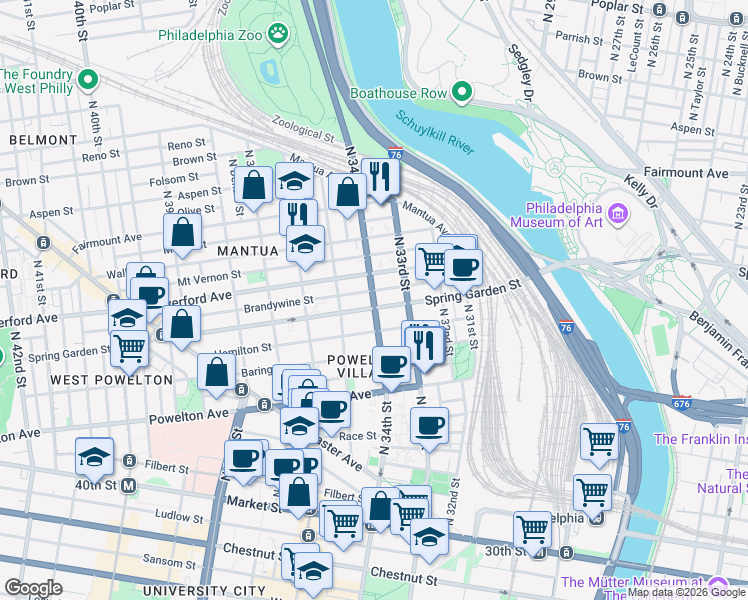 map of restaurants, bars, coffee shops, grocery stores, and more near 3409 Spring Garden Street in Philadelphia
