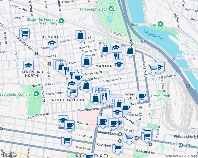 map of restaurants, bars, coffee shops, grocery stores, and more near 3819 Brandywine Street in Philadelphia