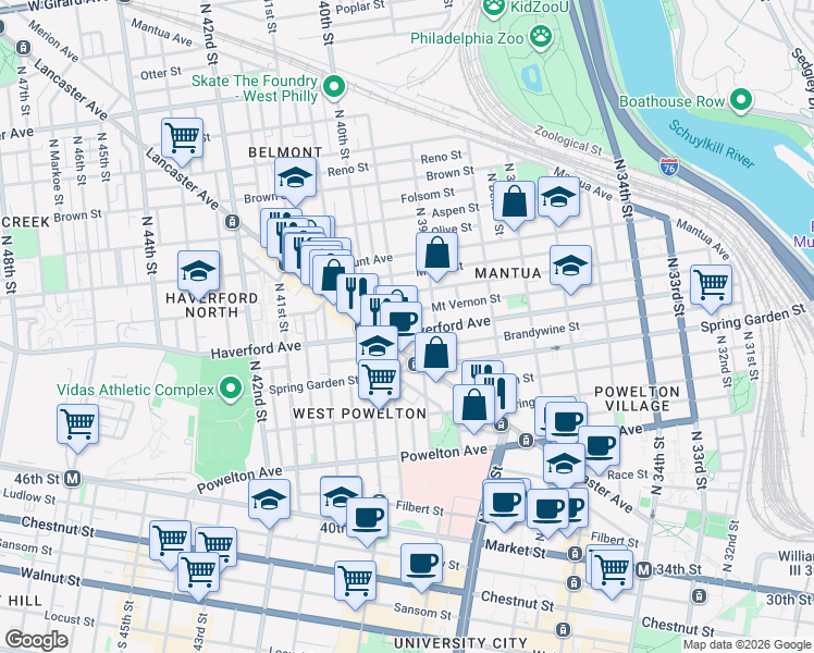 map of restaurants, bars, coffee shops, grocery stores, and more near 3940 Haverford Avenue in Philadelphia