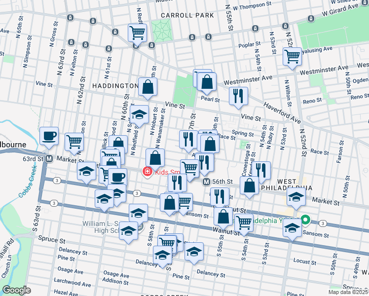 map of restaurants, bars, coffee shops, grocery stores, and more near 114 North 57th Street in Philadelphia
