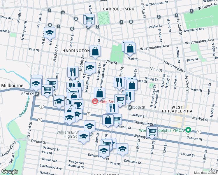 map of restaurants, bars, coffee shops, grocery stores, and more near 5743 Arch Street in Philadelphia