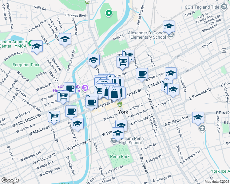 map of restaurants, bars, coffee shops, grocery stores, and more near in York