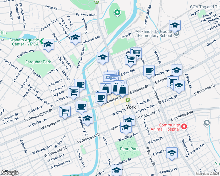 map of restaurants, bars, coffee shops, grocery stores, and more near 34 West Philadelphia Street in York