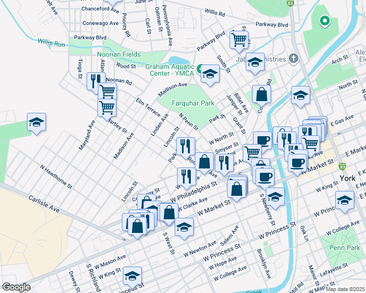 map of restaurants, bars, coffee shops, grocery stores, and more near 261 Roosevelt Avenue in York