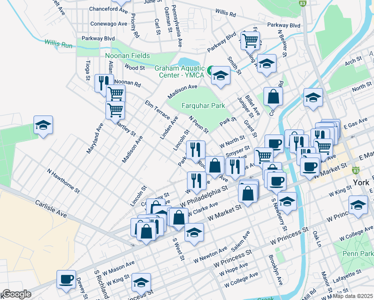 map of restaurants, bars, coffee shops, grocery stores, and more near 261 Roosevelt Avenue in York