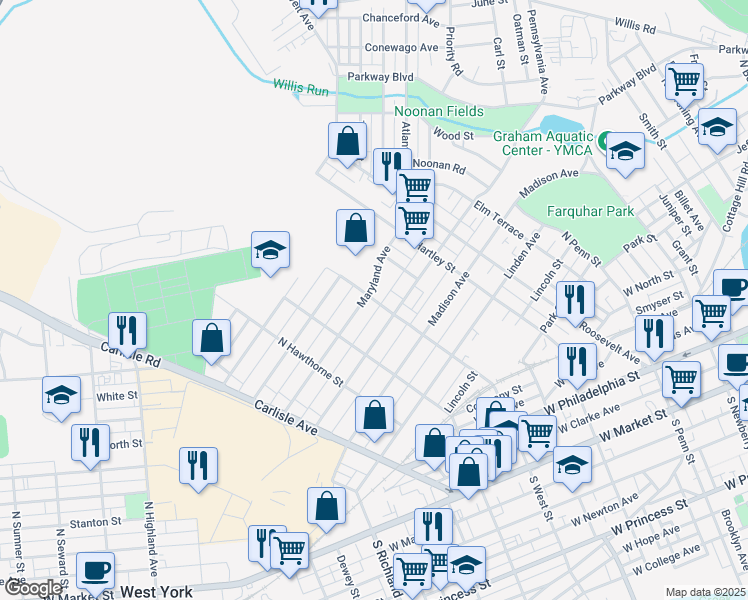 map of restaurants, bars, coffee shops, grocery stores, and more near 665 Maryland Avenue in York