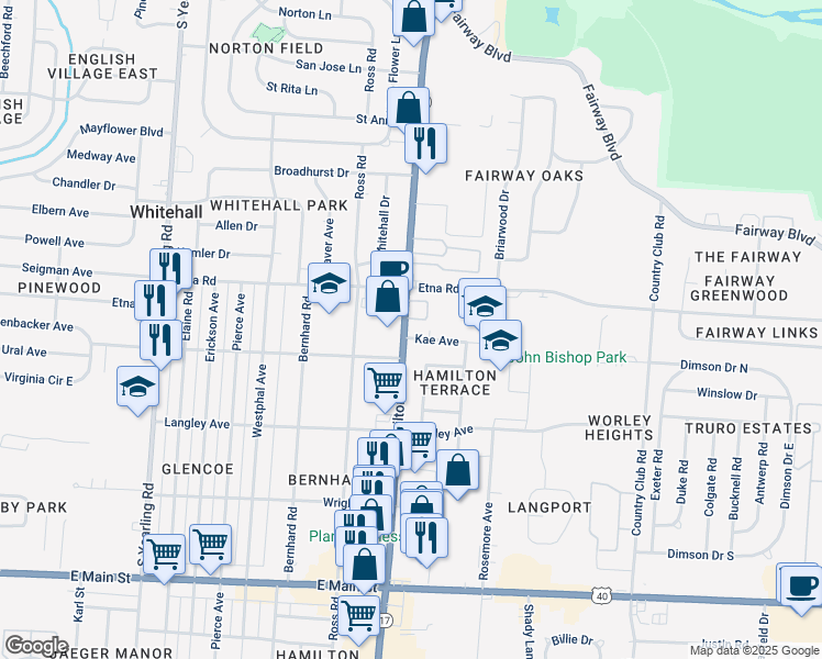 map of restaurants, bars, coffee shops, grocery stores, and more near 611 South Hamilton Road in Whitehall