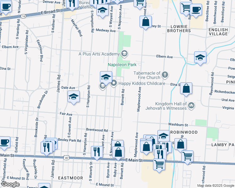 map of restaurants, bars, coffee shops, grocery stores, and more near 455 South Napoleon Avenue in Columbus