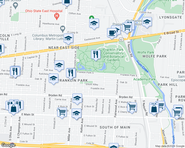 map of restaurants, bars, coffee shops, grocery stores, and more near 1591 Franklin Park West in Columbus