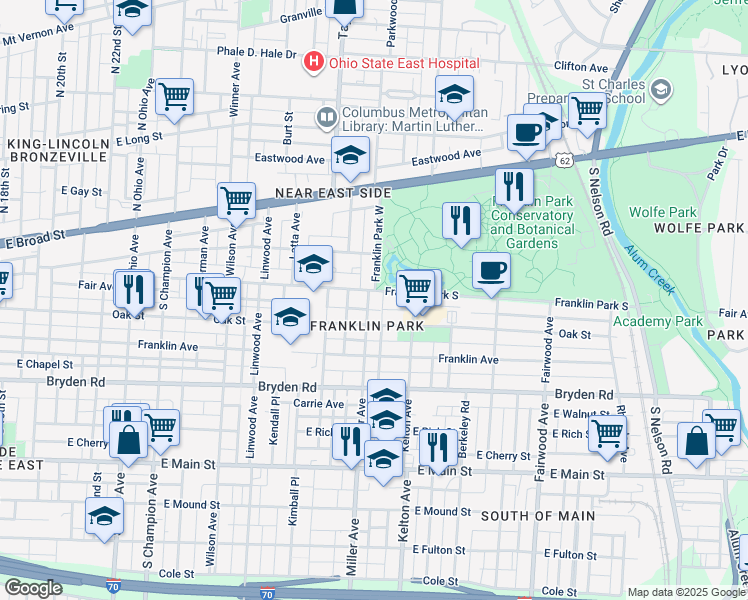 map of restaurants, bars, coffee shops, grocery stores, and more near in Columbus