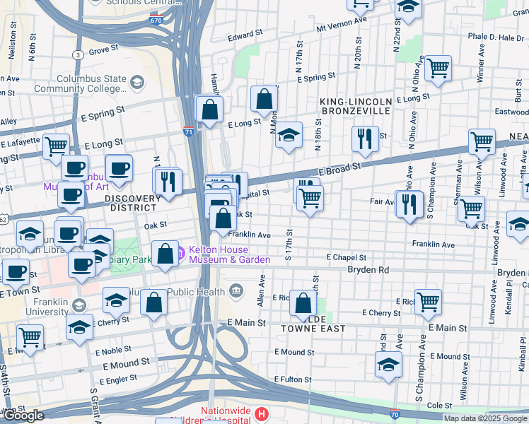 map of restaurants, bars, coffee shops, grocery stores, and more near 817 Oak Street in Columbus