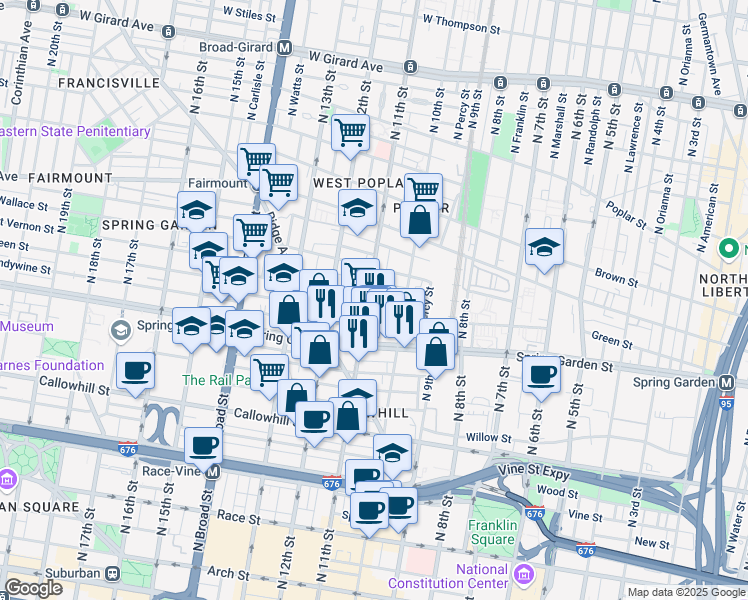 map of restaurants, bars, coffee shops, grocery stores, and more near 602 North 11th Street in Philadelphia