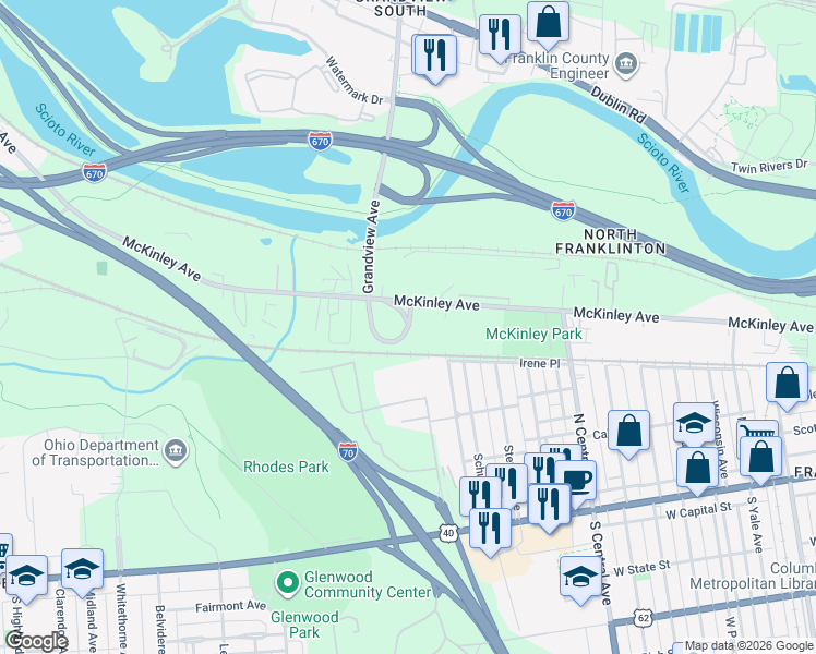 map of restaurants, bars, coffee shops, grocery stores, and more near Grandview Avenue in Columbus