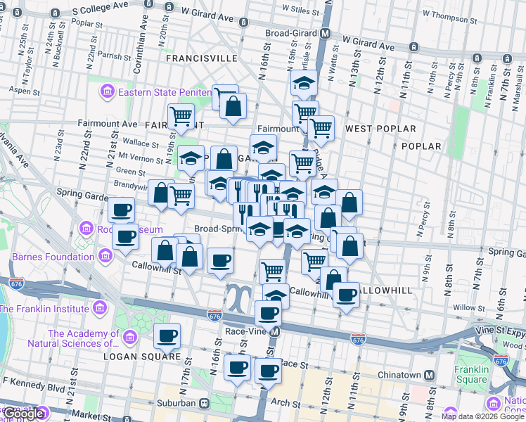 map of restaurants, bars, coffee shops, grocery stores, and more near 1515 Spring Garden Street in Philadelphia