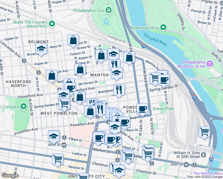 map of restaurants, bars, coffee shops, grocery stores, and more near 3615 Brandywine Street in Philadelphia