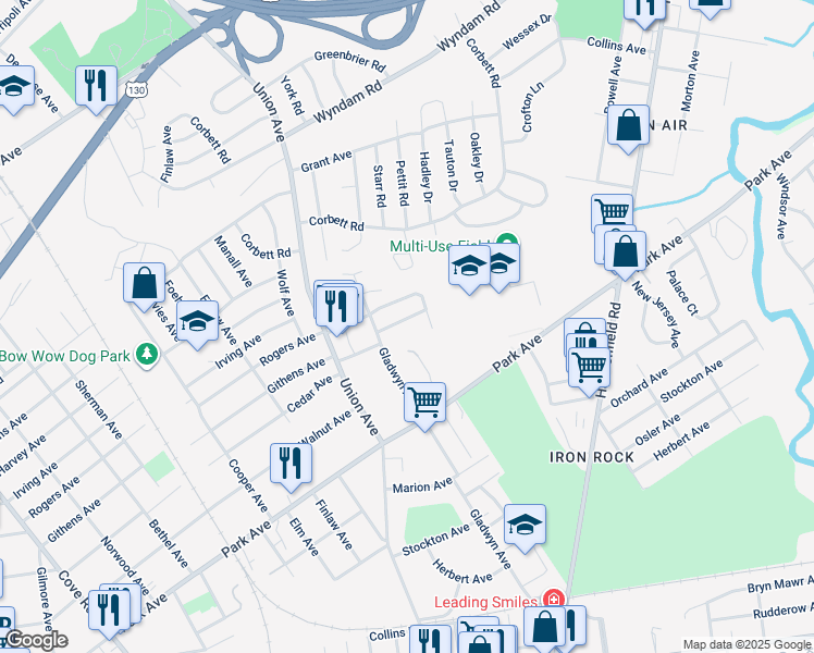 map of restaurants, bars, coffee shops, grocery stores, and more near 7720 Patterson Lane in Merchantville