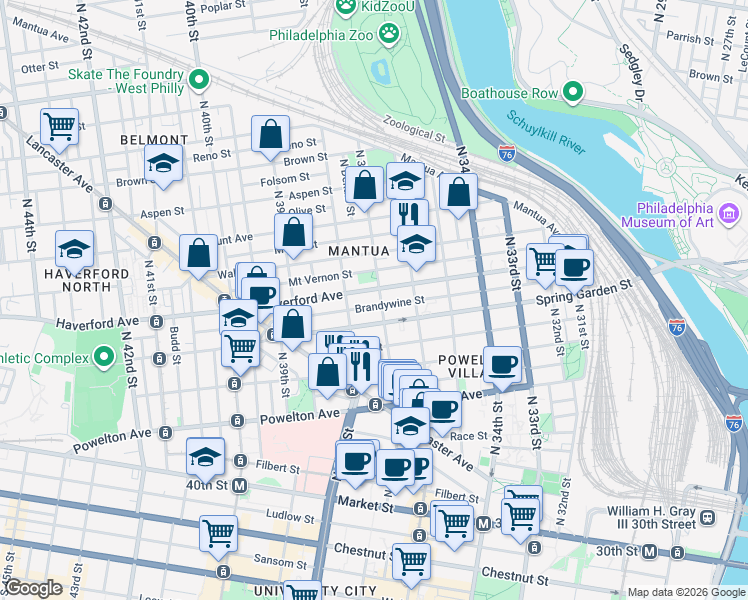 map of restaurants, bars, coffee shops, grocery stores, and more near 3713 Brandywine Street in Philadelphia