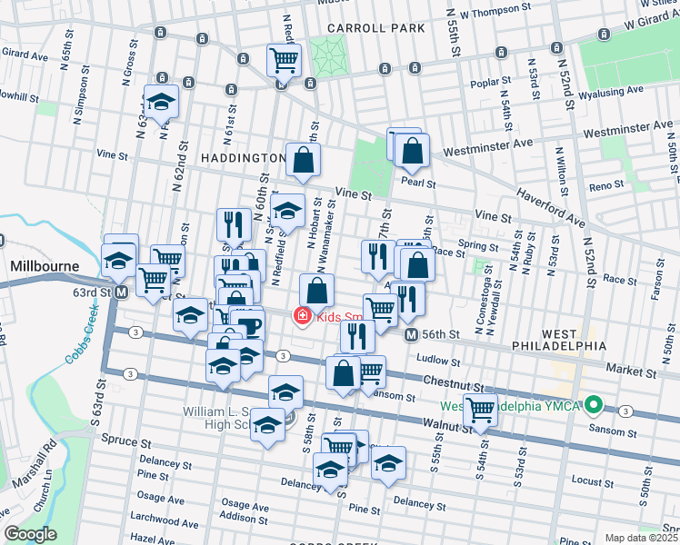 map of restaurants, bars, coffee shops, grocery stores, and more near 105 North 58th Street in Philadelphia
