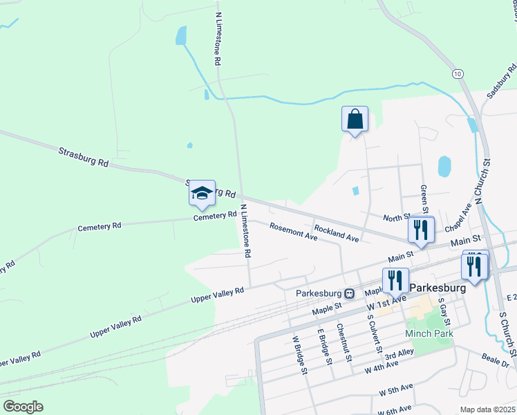 map of restaurants, bars, coffee shops, grocery stores, and more near 574 Strasburg Avenue in Parkesburg