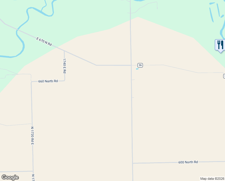 map of restaurants, bars, coffee shops, grocery stores, and more near 17709 East 670 North Road in Georgetown