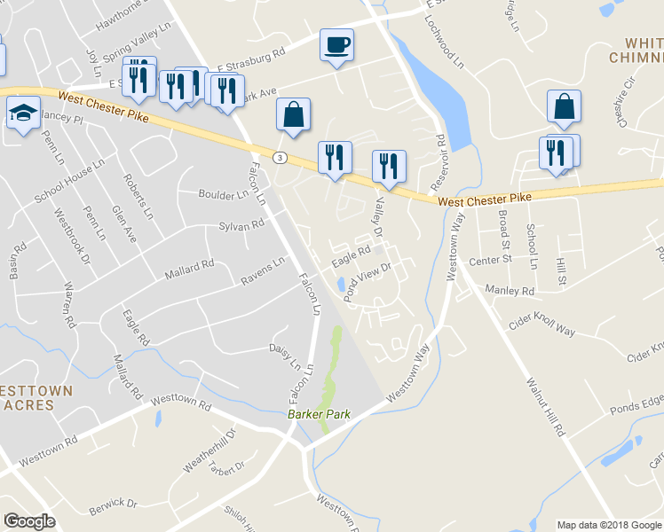 map of restaurants, bars, coffee shops, grocery stores, and more near 2202 Eagle Road in West Chester