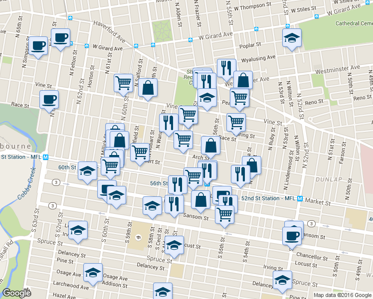 map of restaurants, bars, coffee shops, grocery stores, and more near 114 N 57th St in Philadelphia