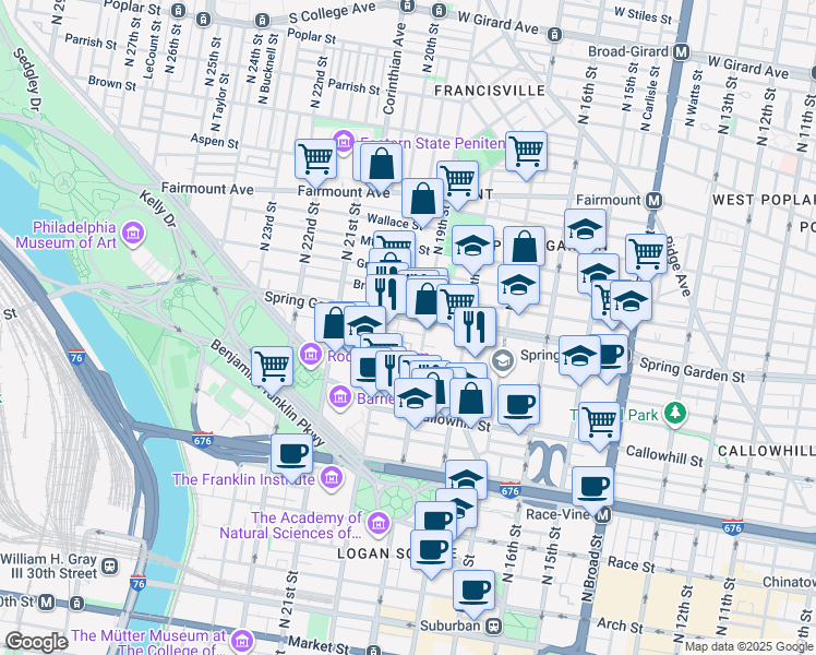 map of restaurants, bars, coffee shops, grocery stores, and more near 1912 Spring Garden Street in Philadelphia