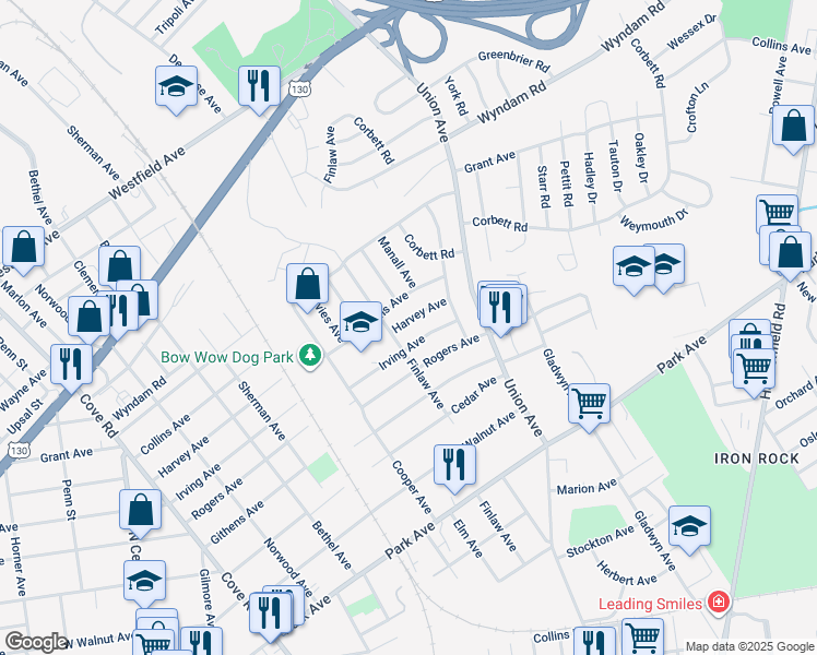 map of restaurants, bars, coffee shops, grocery stores, and more near 7418 Harvey Avenue in Pennsauken