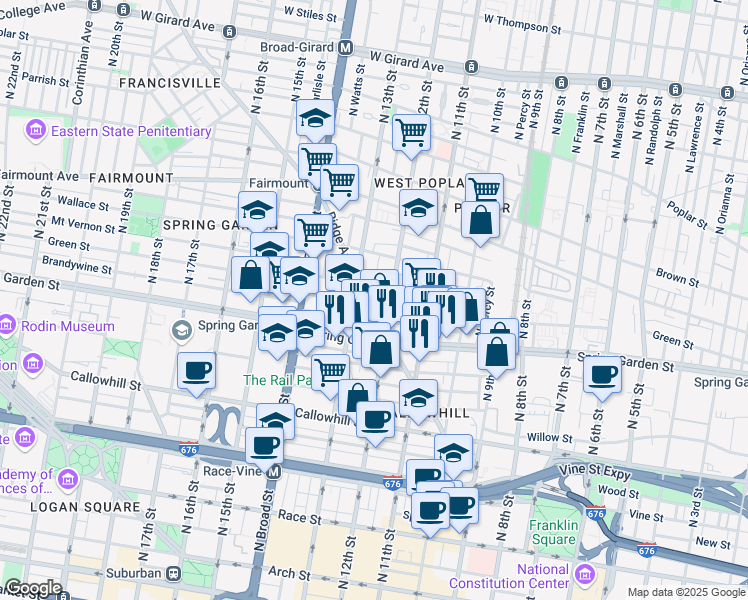map of restaurants, bars, coffee shops, grocery stores, and more near 1221 Green Street in Philadelphia